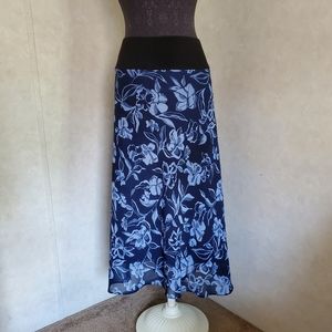 Blue Black Floral Midi Skirt
